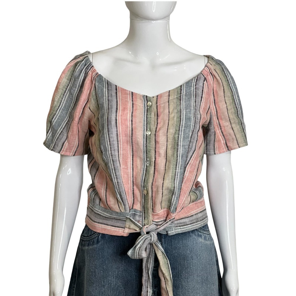 Anthropologie Drew Size S Top Tie Waist Stripes shirt Sleeve Linen Blend Blouse